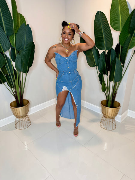demin dress Chain & Slit Denim Dress – Pressedatl.com